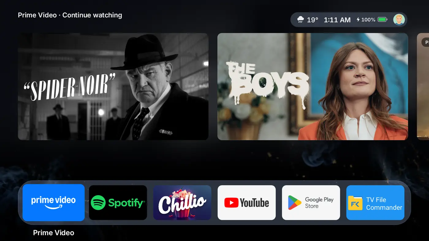 Prime Video izlemeye devam et kartları tam genişlikte, altta cam dock